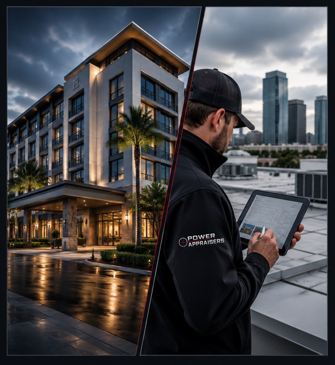 Power Appraisers inspector conducting a commercial property evaluation while reviewing documentation on a tablet beside a modern hotel and multifamily building. Professional insurance appraisal and property loss valuation services for residential, commercial, and hospitality claims.